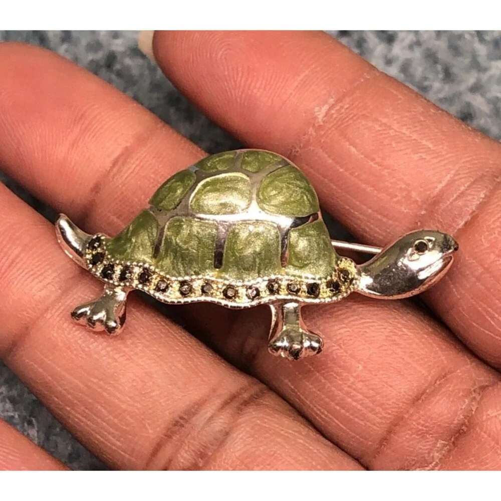 Silver Tone Turtle Brooch Glossy Green Enameled Shell Dark Rhinestone Accents